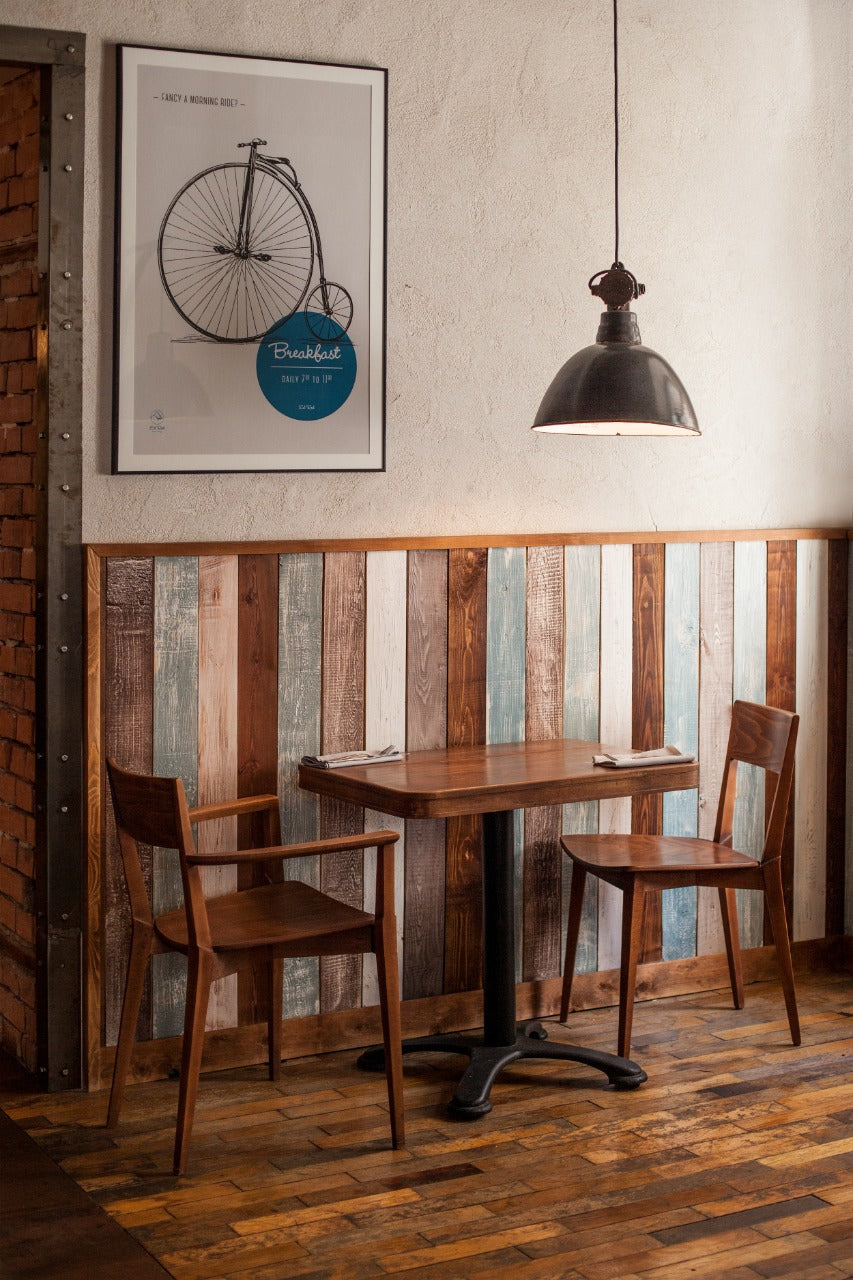 tables and chairs in a room